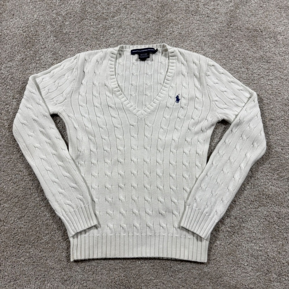 Ralph Lauren Sport Womens Cream Cable Knit V-Neck Cotton Sweater Size M